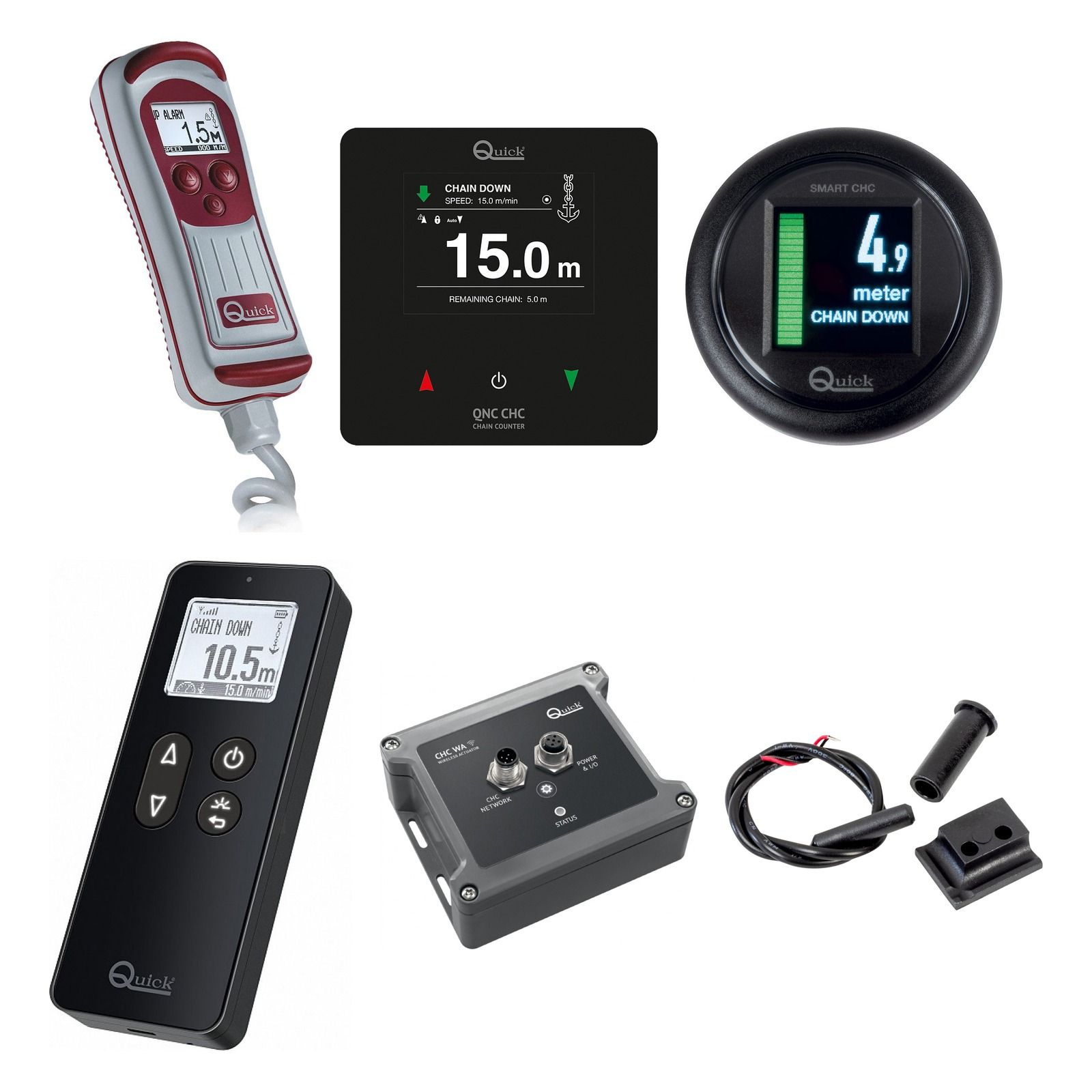Quick chain counters range: CHC1103 handheld, QNC panel, Smart CHC gauge, wireless handheld, actuator box and sensor kit